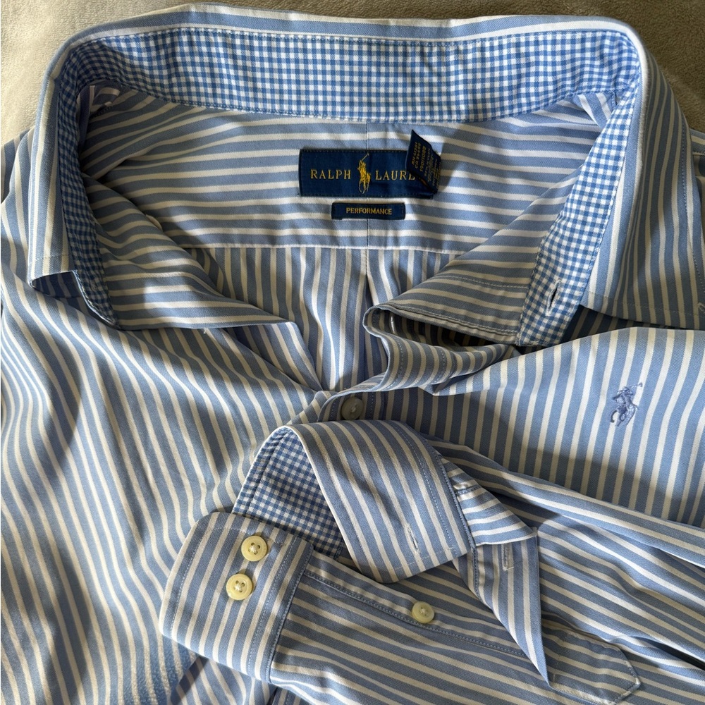 Ralph Lauren Men's Light Blue and White Striped Dress Shirt